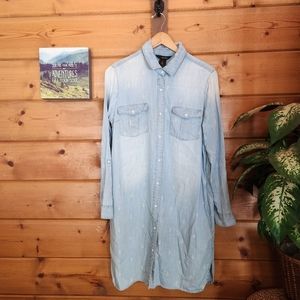 Ali Miles 💜 Denim Chambray Button Shirt Dress Stone Wash Pockets Cactus Print M